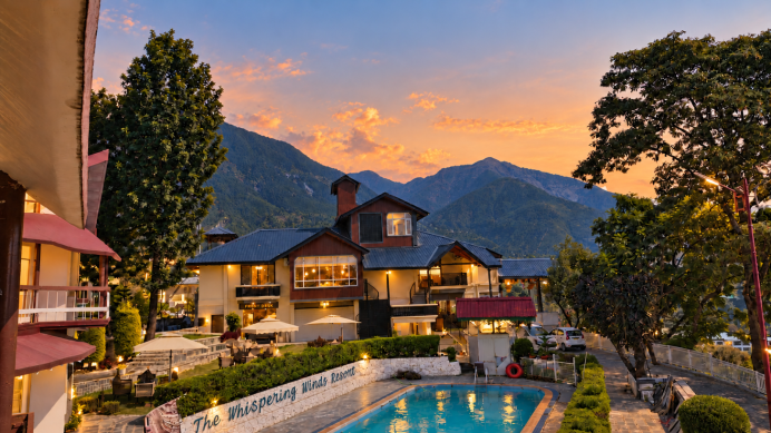 Panoramic view of Himalayan mountains and pine forests