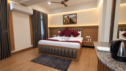Spacious resort bedroom with mountain vista
