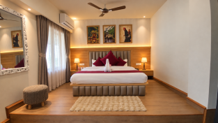 Spacious resort bedroom with mountain vista